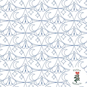 May include: A white background with a blue repeating pattern of crescent moons, stars, and stylized butterflies. The pattern is a quilting design. The text "Mistletoe Quilting Co." is in a circle at the bottom right corner of the image.