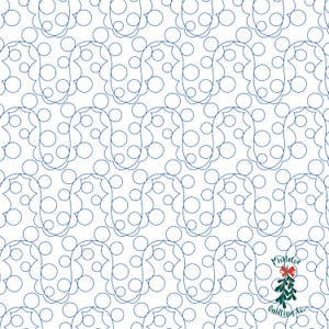 May include: A white background with a blue and white repeating pattern of circles and curved lines. The pattern is reminiscent of a snowflake or a winter scene. The text "Mistletoe Quilting Co." is in the bottom right corner of the image.