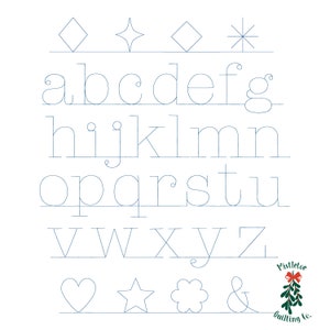 Könnte beinhalten: Ein digitales Stickmuster mit einer Schriftart mit Großbuchstaben, Zahlen und Symbolen. Das Design enthält einen Diamanten, einen Stern, ein Herz, eine Blume und ein kaufmännisches Und. Der Text "Vistletoe Quilting Co." ist ebenfalls im Design enthalten.
