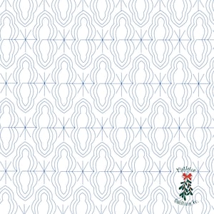 May include: A white background with a repeating pattern of blue geometric shapes. The pattern is made up of overlapping circles and stars. The text "Mistletoe Quilting Co." is in the bottom right corner of the image.