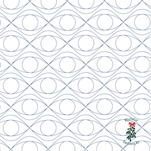 May include: A white background with a repeating pattern of blue eye shapes. The pattern is made up of two overlapping circles with a curved line connecting them. The pattern is repeated in a diagonal direction. The image includes the text "Mistletoe Quilting Co."