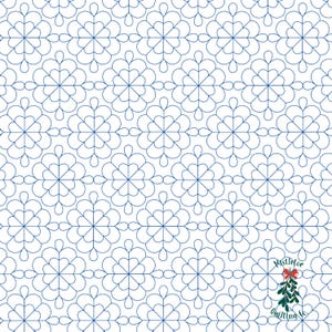May include: A white background with a repeating pattern of blue snowflake-like designs. The design is made up of a series of connected circles and ovals. The text "Mistletoe Quilting Co." is in the bottom right corner of the image.