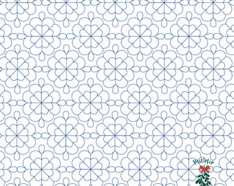 Puede incluir: Un fondo blanco con un patrón repetitivo de diseños azules en forma de copo de nieve. El diseño está formado por una serie de círculos y óvalos conectados. El texto "Mistletoe Quilting Co." está en la esquina inferior derecha de la imagen.