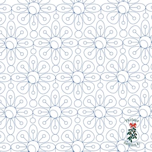 May include: A repeating pattern of blue floral designs on a white background. Each flower has a central circle with petal-like shapes around it, connected by lines and smaller circles. The design is symmetrical and covers the entire surface.