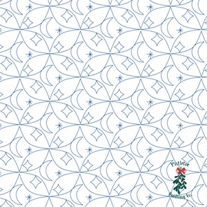 May include: A white background with a repeating pattern of blue crescent moons and stars. The pattern is a geometric design with the moons and stars overlapping. The text "Vistletoe Quilting Co." is in the lower right corner of the image.