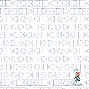 May include: A repeating pattern of blue pencils with heart-shaped erasers on a white background. Each pencil has a triangular tip and a rectangular body with three hearts. The design is suitable for quilting or fabric.
