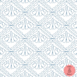 May include: A seamless pattern featuring a repeating design of stylized butterflies in a diamond shape. The butterflies are outlined in blue against a white background.