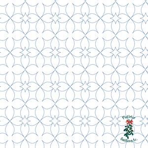 May include: A digital quilting pattern featuring a repeating geometric design of blue lines forming a series of interlocking stars and circles. The pattern is on a white background. The image includes the text "Mistletoe Quilting Co."