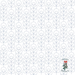 Puede incluir: Un fondo blanco con un patrón repetitivo de plantas estilizadas azules. Las plantas están formadas por círculos y semicírculos. El texto "Mistletoe Quilting Co." está en la esquina inferior derecha de la imagen.