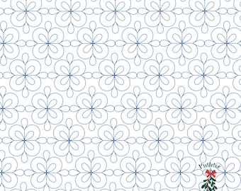 Puede incluir: Un fondo blanco con un patrón repetitivo de diseños florales azules. El diseño es una flor simple y estilizada con cuatro pétalos. El texto "Mistletoe Quilting" está en la esquina inferior derecha de la imagen.