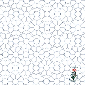 May include: A seamless pattern of blue outlined daisy flowers on a white background. The pattern is repeated throughout the image. The text "Little Dot Quilting Co." is in the bottom right corner of the image.