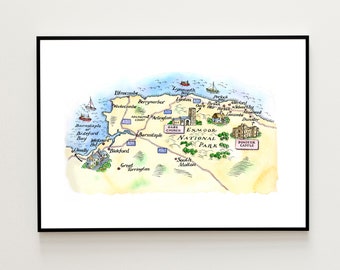 North Devon and Somerset Map Print-North Devon and Somerset map gift-Unique Illustrated map of North Devon & Exmoor-Hand painted map gift