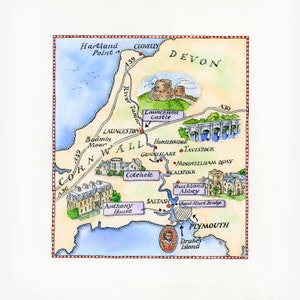 Carte du Devon/Cornwall, carte aquarelle illustrée, monuments de l'ouest du pays, carte souvenir vacances Devon, mariage ou cadeau touristique du Devon Cornwall
