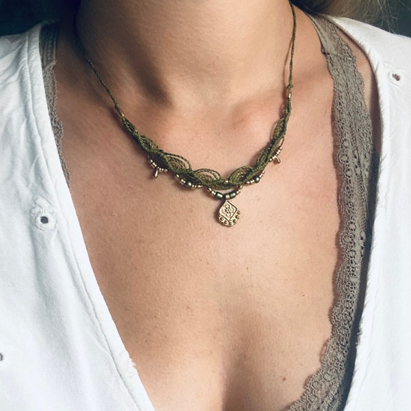 Macrame necklace boho ethnic hippie necklace jewelry braided chocker beads gold