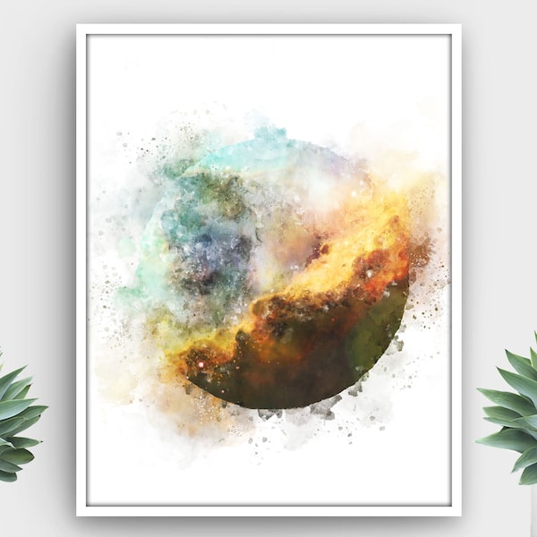 Digital watercolor wall art print.  Instant download. Printable Space galaxy Omega Nebula.