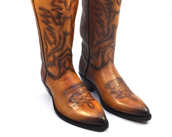 Handmade Men Cowboy Boots | Custom Cowboy Boots | Tan Leather Cowboy Boots | Long Cowboy Boots | Custom Made Western Boots by Barismil.