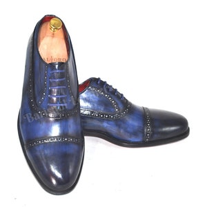 Unique Blue Patina Leather Shoes | Handmade Men Dress Shoes | Men Lace Up Shoes | Men Fashion Shoes | Semi Brogue Business Formal Shoes