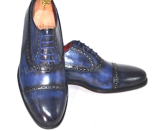 Handmade Blue Patina Leather Dress Shoes: Semi Brogue Lace-Up Oxford Shoes.