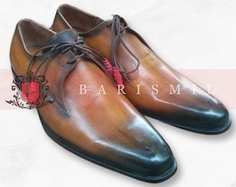 Men&#39;s Leather Cognac Patina Lace Up Shoes | Handmade Patina Finish Leather Oxford Shoes | Tailor Made Bespoke Luxury Formal Shoes