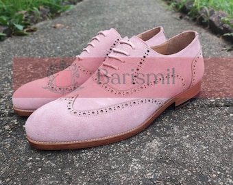 Handmade Pink Suede Leather Brogue Shoes: Formal Wingtip Oxford Shoes.