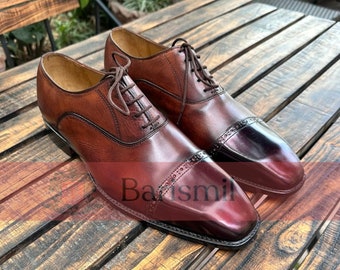 Handmade Burnished Brown Leather Oxford Shoes - Men’s Dress Shoes