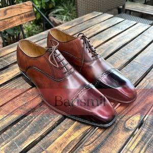 Men&#39;s Handmade Brown Leather Dress Shoes | Burnished Leather Oxford Shoes | Leather Lace Up Shoes | Handcrafted Formal Oxford Leather Shoes.