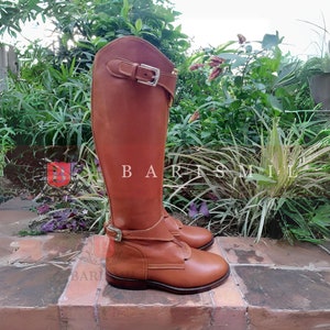 Braune Leder Polo Stiefel | Handgefertigte Reissverschluss Reitstiefel | Damen & Herren Lange Reitbekleidung.