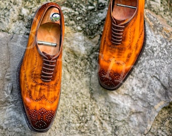 Handmade Tan Patina Oxford Shoes: Goodyear Welted Wholecut Leather Dress Shoes