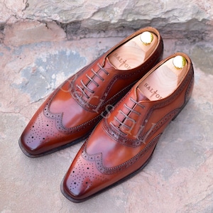 Men&#39;s Handmade Brown Leather Wingtip Shoes | Men Dress Shoes | Lace Up Shoes | Men Formal Shoes | Genuine Leather Shoes | Business Formal.
