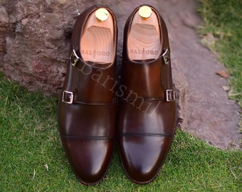 Handcrafted Premium Quality Brown Leather Men Double Monk Dress Shoes | Pure Leather Monk Strap Shoes | Handmade Cap Toe Monk Dress Shoes.