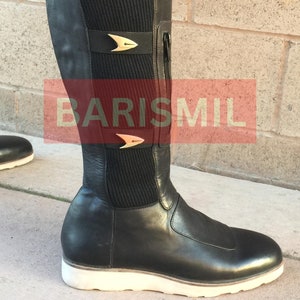 Black Leather Cosplay Uniform Boots | Space Officer Discovery Uniform Boots | Fashion Leather Boots | Leather Combat Boots for Men and Women