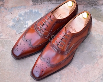 Handmade Brown Leather Wingtip Oxford Shoes: Men's Formal Dress Shoes