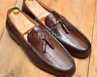 Handmade Engraved Leather Tassel Loafers: Men's Brown Party Shoes