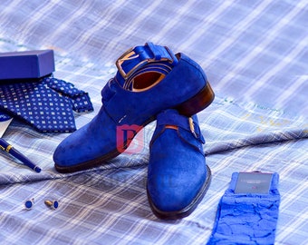 Handmade Blue Suede Leather Monk Strap Shoes: Goodyear Welted Formal Dress Shoes