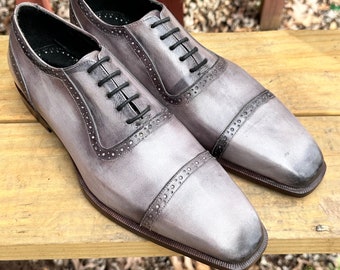 Handmade Patina Oxford Shoes: Genuine Leather Grey Cap Toe Dress Shoes