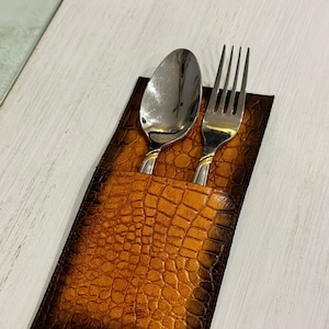 Handmade Croc Imprint Leather Cutlery Pouch | Cutlery Holder Spoon | Leather Fork Holder | Cutlery Organizer.