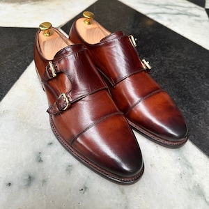 Men Double Monk Shoes | Pure Leather Monk Strap Shoes | Handmade Monk Dress Shoes | Burnished Toe Shoes | Good Year Welted Shoes