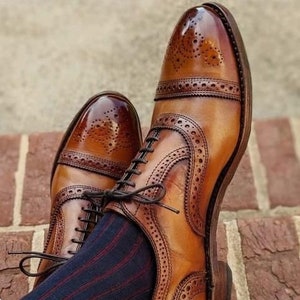 Men Handmade Oxfords Shoes | Brown Pure Leather Dress Shoes | Good Year Welted Dress Shoes | Toe Cap Lace Up Shoes | Men Brogue Shoes.