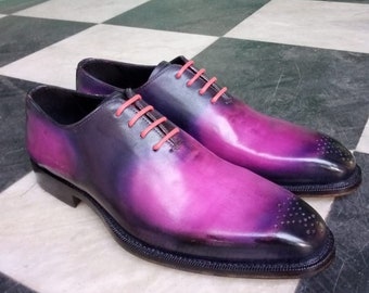 Richelieus homme patinés violets faits main : chaussures habillées sur mesure en cuir