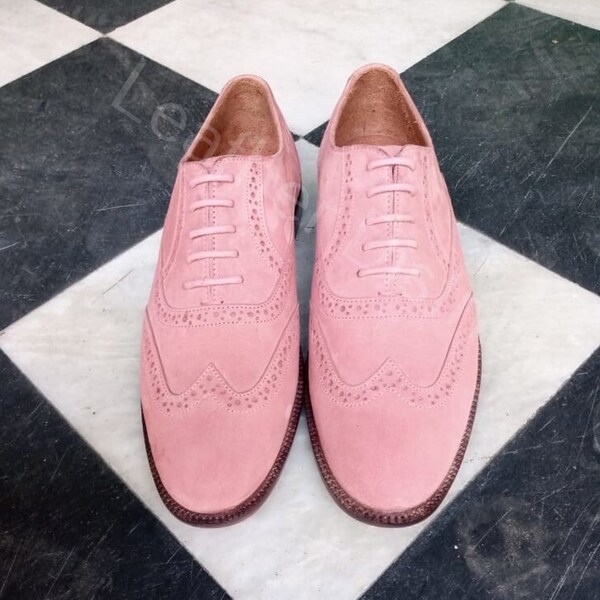 Men Pink Leather Shoes | Handcrafted Pink Suede Leather Wingtip Shoes | Goodyear Welted Shoes | Formal Brogue Shoes | Custom Made Shoes.