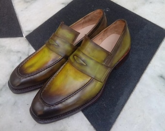 Men Green Patina Shoes | Men Leather Loafers | Handmade Dress Loafers | Casual Dress Shoes | Unique Patina | Custom Made Shoes.