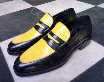 Hancrafted Pure Leather Men Spectator Shoes | Crocodile Imprint Leather Shoes | Handmade Two Tone Leather Loafers | Custom Leather Shoes.