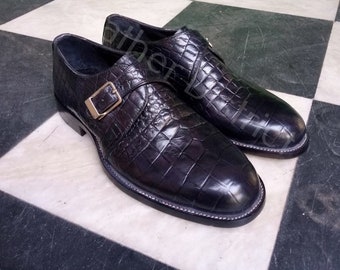 Men monk strap shoes | Black crocodile imprint leather monk shoes | Formal Dress Shoes | Custom made shoes | Black dress for men.