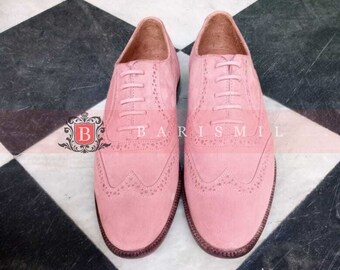 Stylish Pink & Gray Men\'s 10M Suede Oxfords. NEW!!!? Handmade Pink Suede Wingtip Brogue Shoes: Custom Men main image 2
