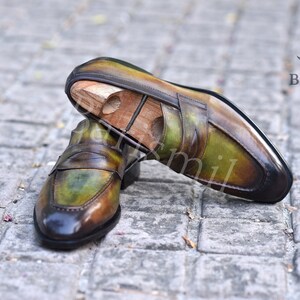 men dress loafers in green patina finish handcrafted in genuine leather.