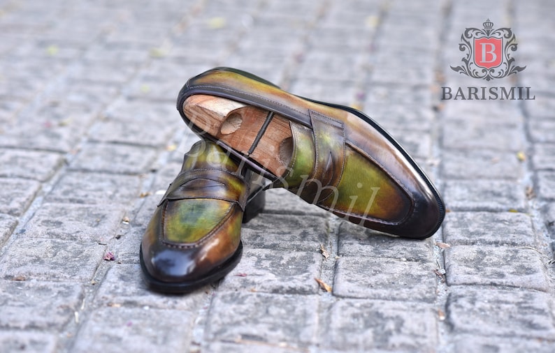 men dress loafers in green patina finish handcrafted in genuine leather.