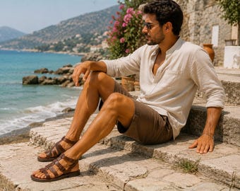 Sandalias gladiadoras de cuero marrón para hombre, sandalias romanas hechas a mano, sandalias de cuero de verano, sandalias de pescador, sandalias griegas para vacaciones para hombre.