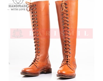 Handmade Leather Knee High Boots, Victorian Lace Up Boots, Renaissance Faire Boots, Steampunk Riding Boots, Medieval Cosplay Footwear