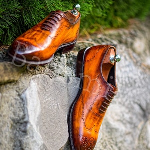 handmade goodyear welted patina leather whole cut oxford shoes for men