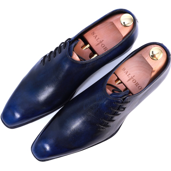 Men's Navy-Blue Oxfords | Handmade Pure Leather Dress Shoes | Whole Cut Dress Shoes | Patina Finish Men Formal Shoes | Premium Leather Shoes